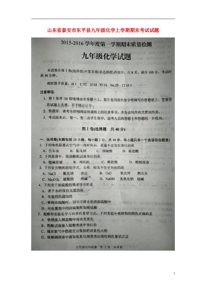 山东省泰安市东平县九级化学上学期期末考试试题（扫描版）