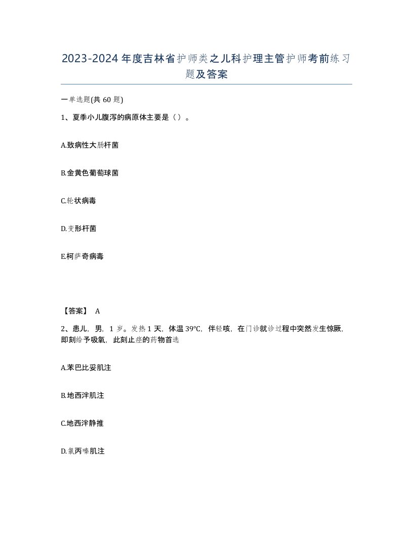 2023-2024年度吉林省护师类之儿科护理主管护师考前练习题及答案