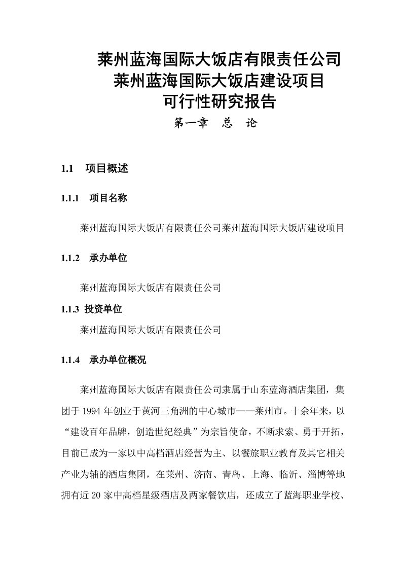 【精选资料】蓝海国际大饭店建设项目可行性研究报告