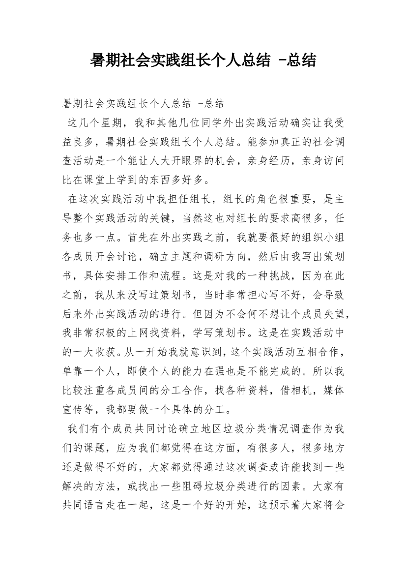 暑期社会实践组长个人总结