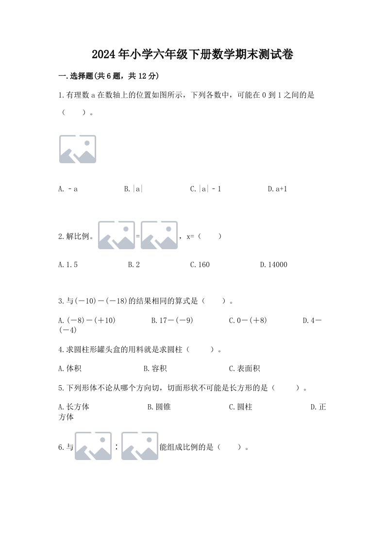 2024年小学六年级下册数学期末测试卷含答案（精练）