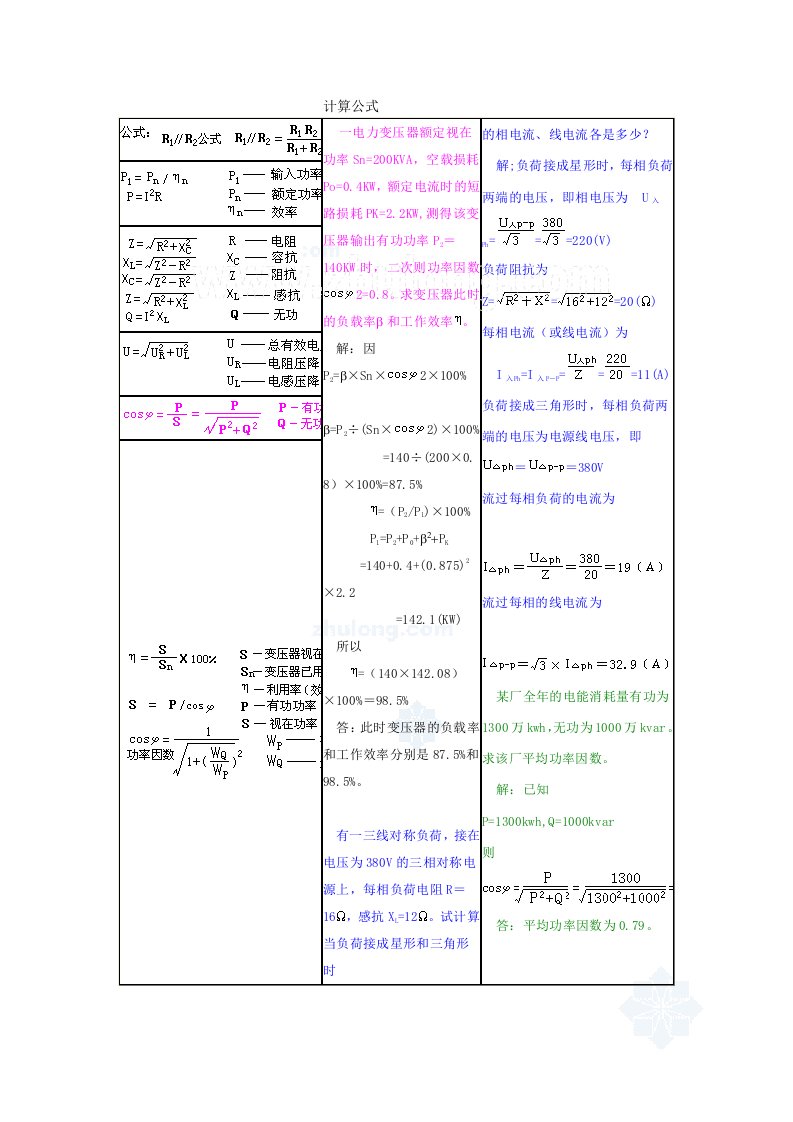 电气工程电工常用计算公式