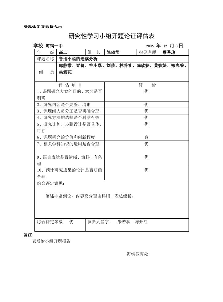 研究性学习表格之六