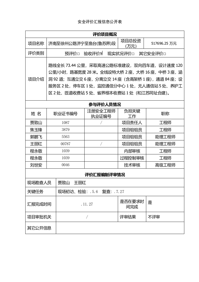 安全评价分析报告信息公开表