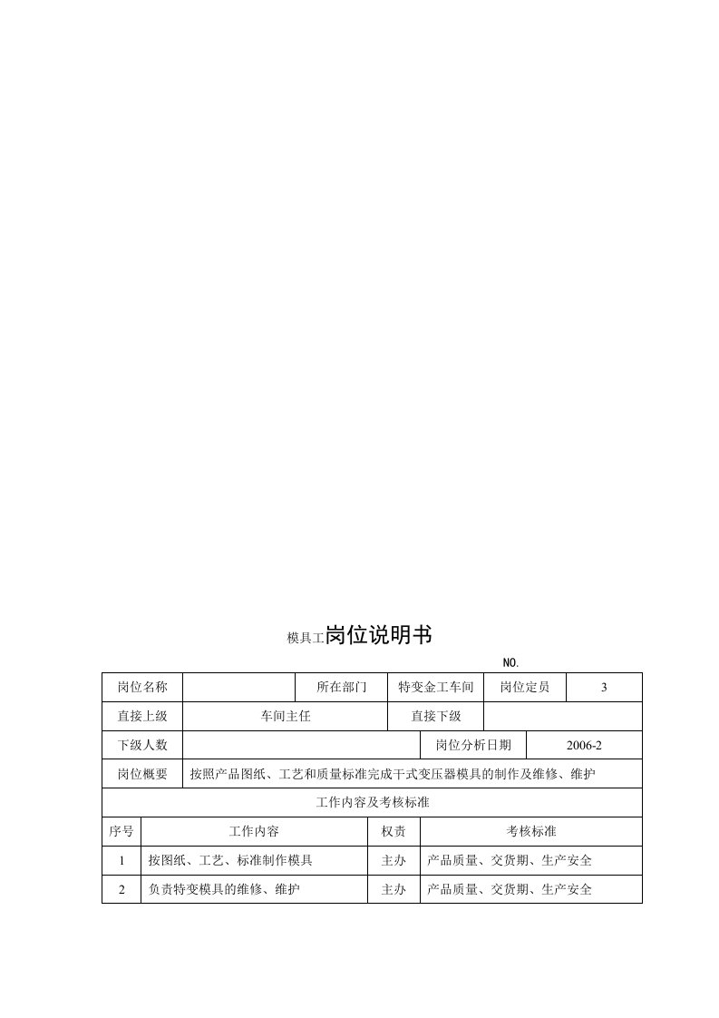 电力集团某大型电气配件企业模具工岗位说明书