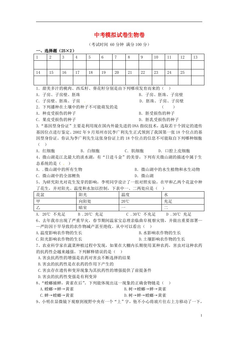 湖南省冷水江市渣渡中学中考生物模拟试题