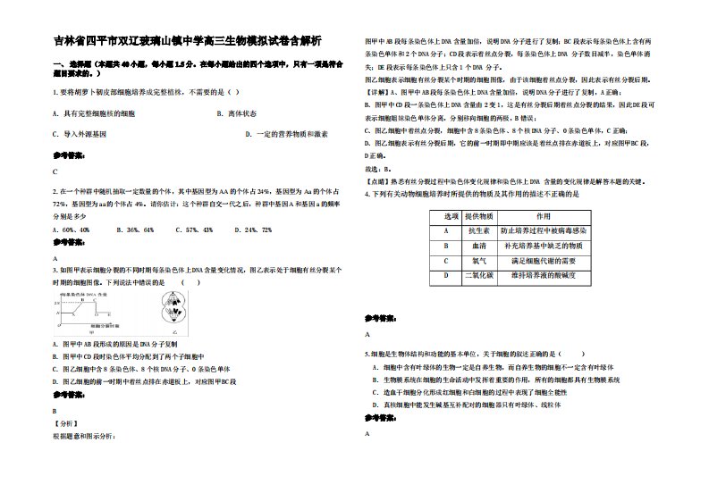 吉林省四平市双辽玻璃山镇中学高三生物模拟试卷含解析