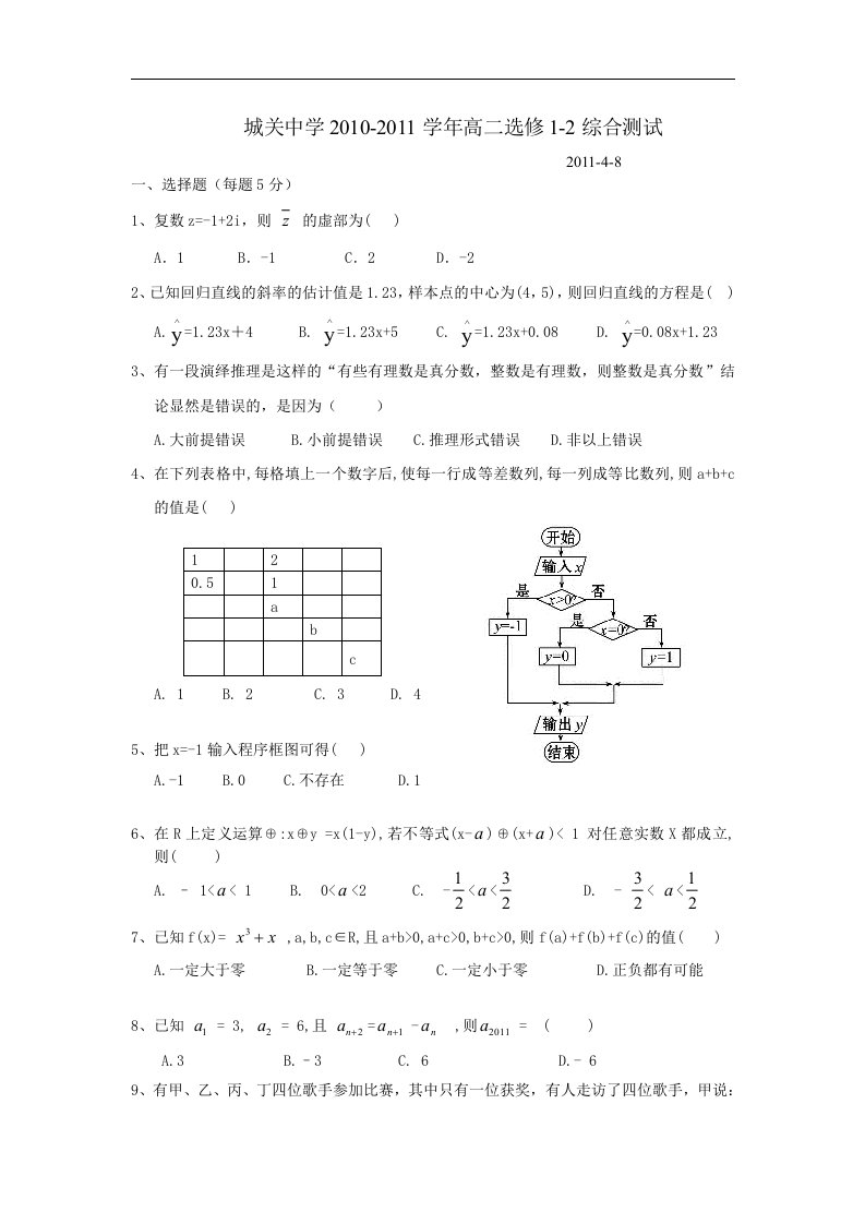 新课标人教A版高中数学（选修1-2）期末测试题