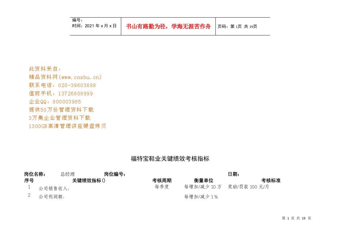 某鞋业公司关键绩效考核指标