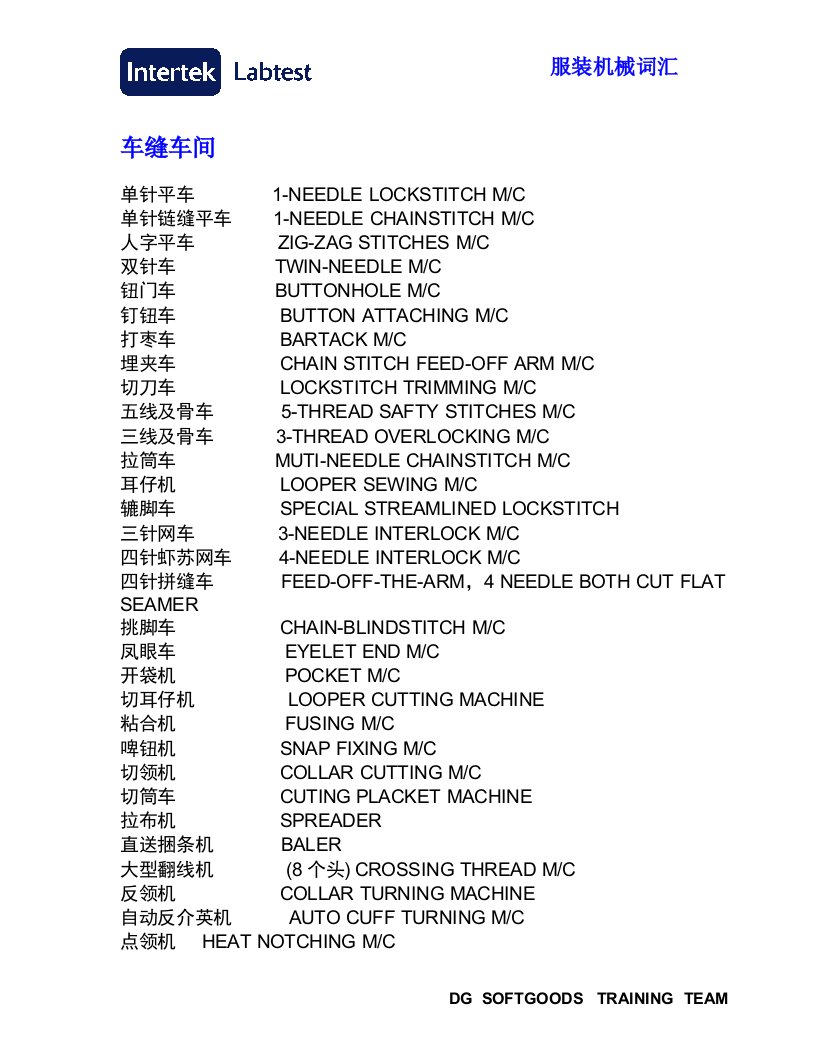 服装机械英语词汇