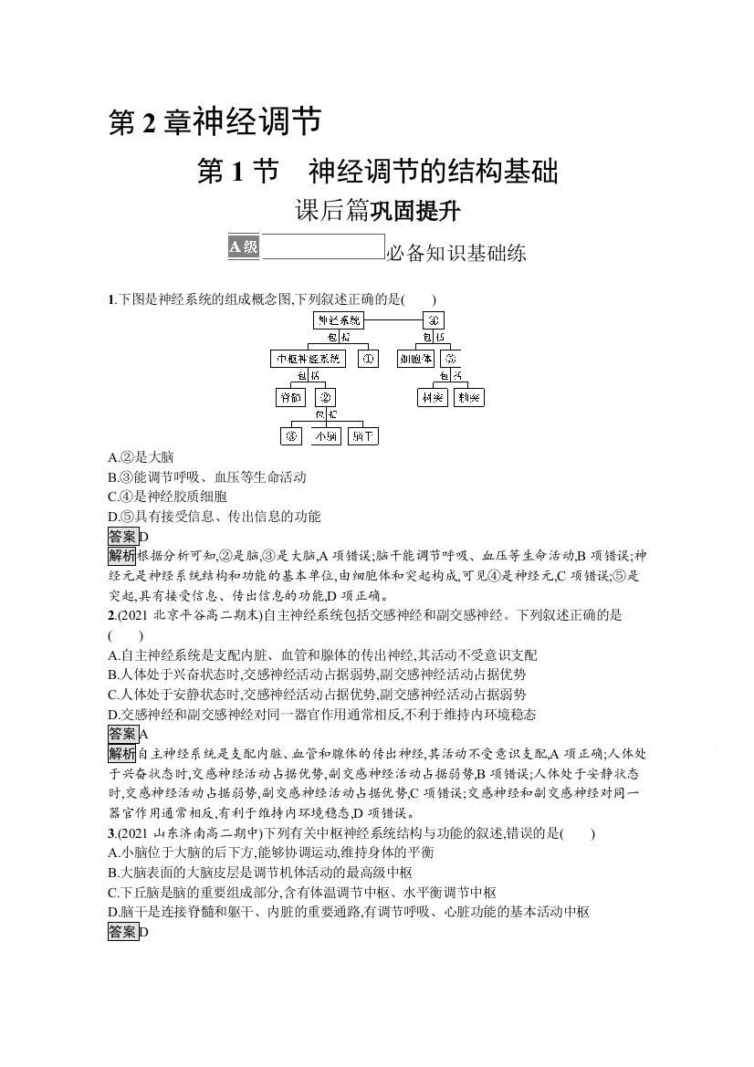 2021-2022学年人教版生物选择性必修第一册测评：第2章　第1节　神经调节的结构基础