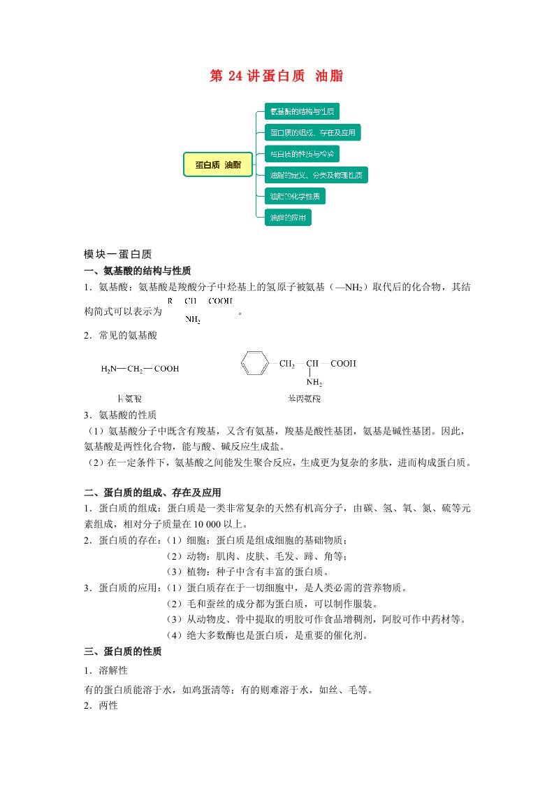 高一化学新人教版同步精讲必修2第24讲蛋白质油脂