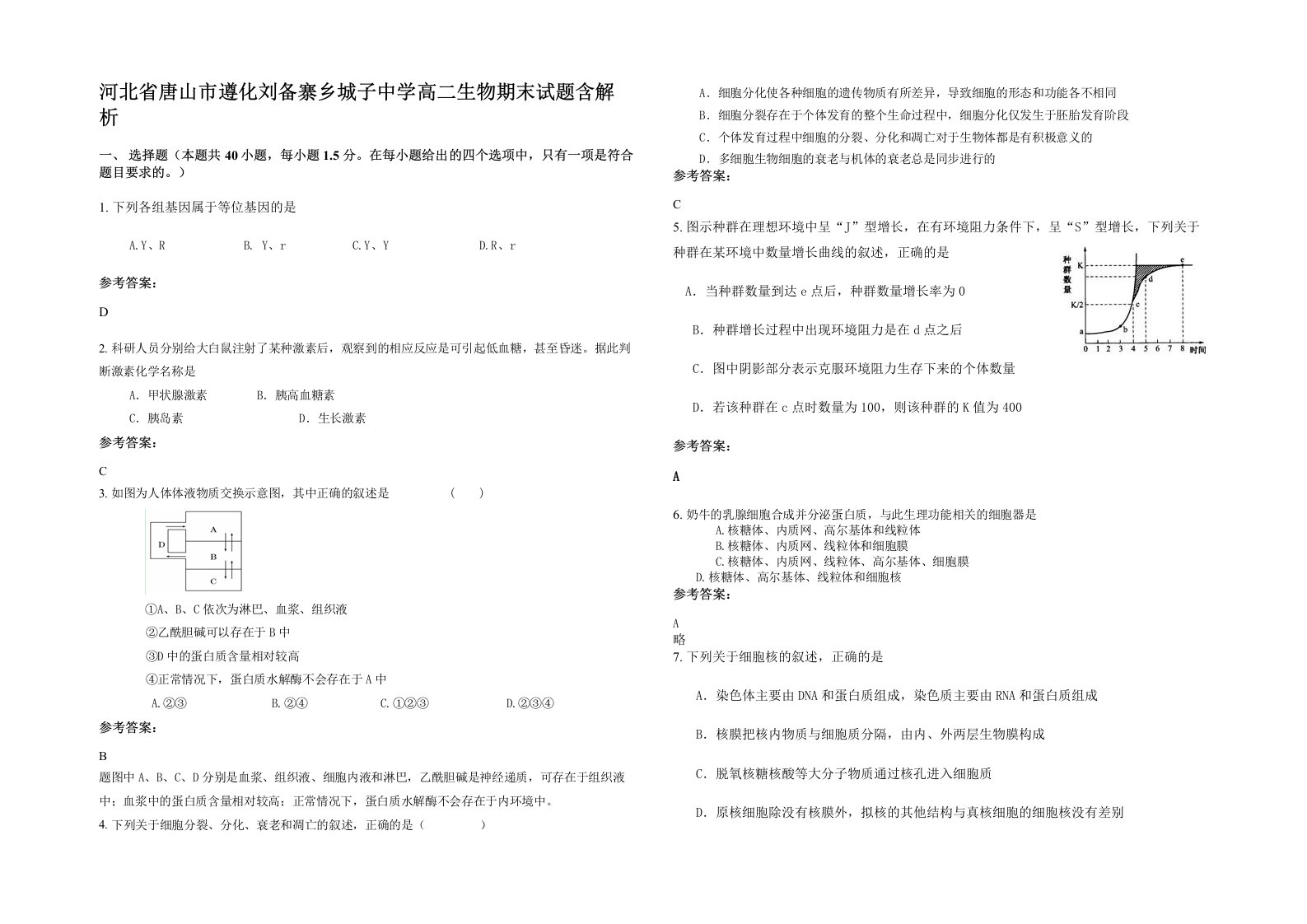 河北省唐山市遵化刘备寨乡城子中学高二生物期末试题含解析