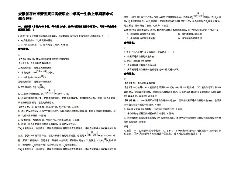 安徽省宿州市萧县黄口高级职业中学高一生物上学期期末试题含解析