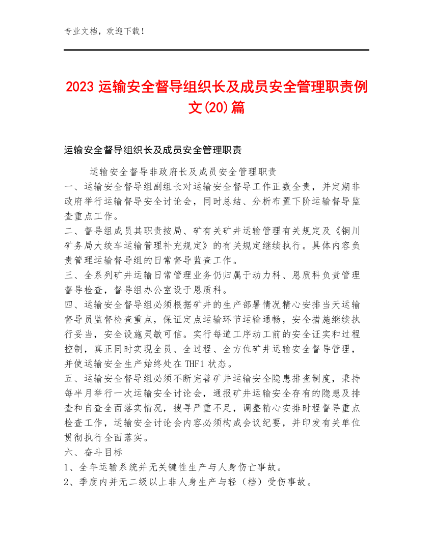 2023运输安全督导组织长及成员安全管理职责例文(20)篇