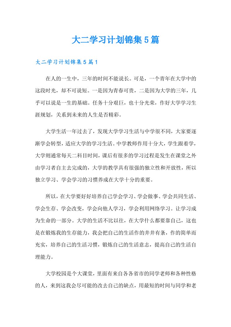 大二学习计划锦集5篇