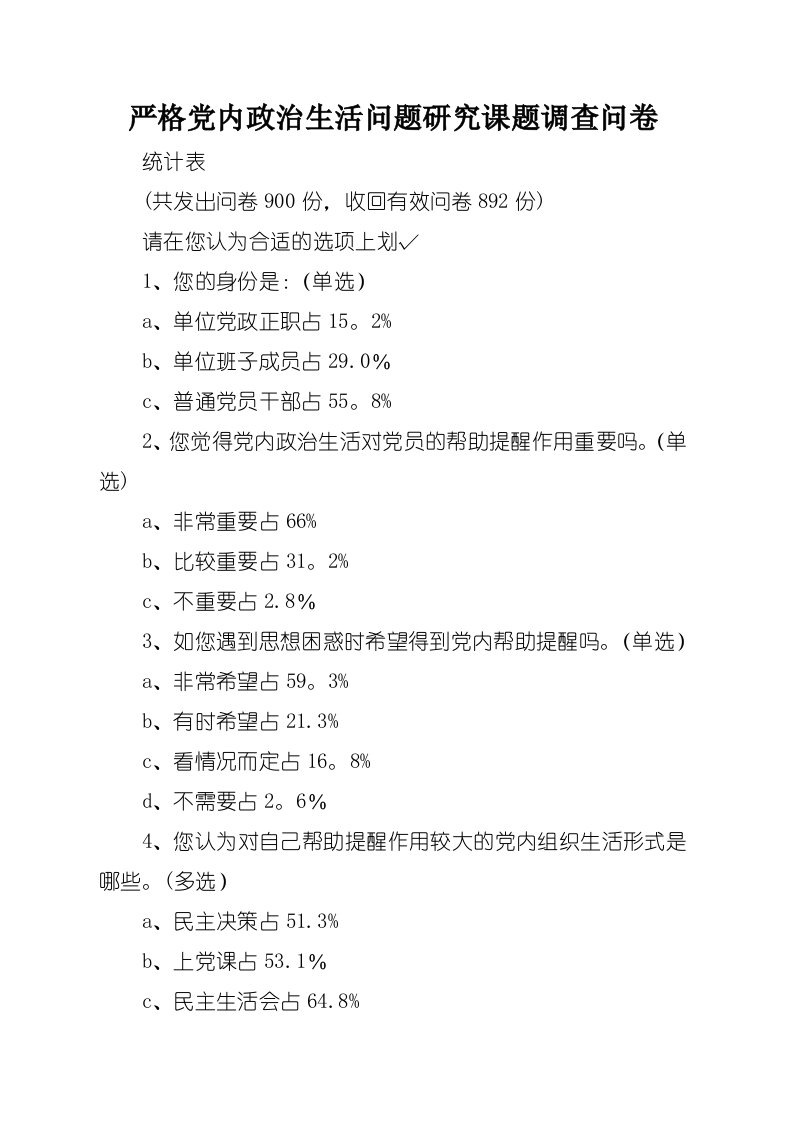 严格党内政治生活问题研究课题调查问卷