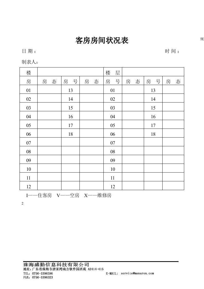 客房房间状况表