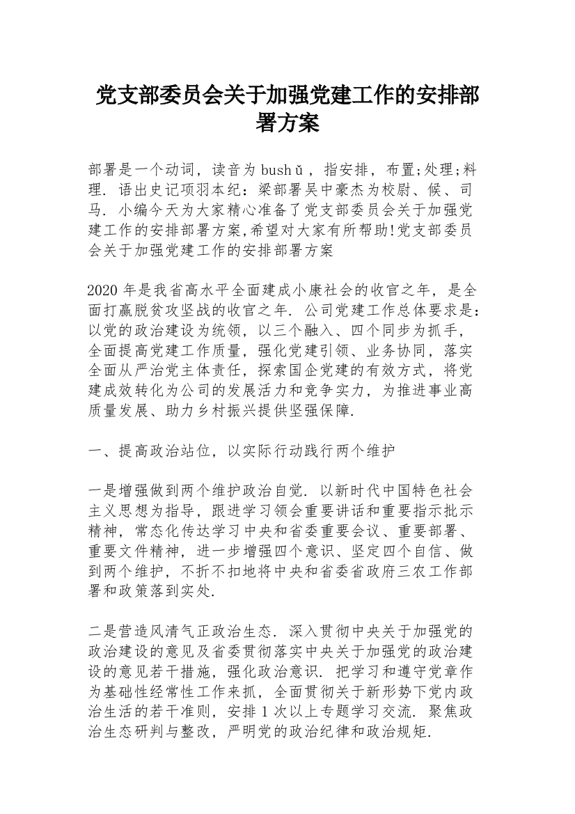 党支部委员会关于加强党建工作的安排部署方案