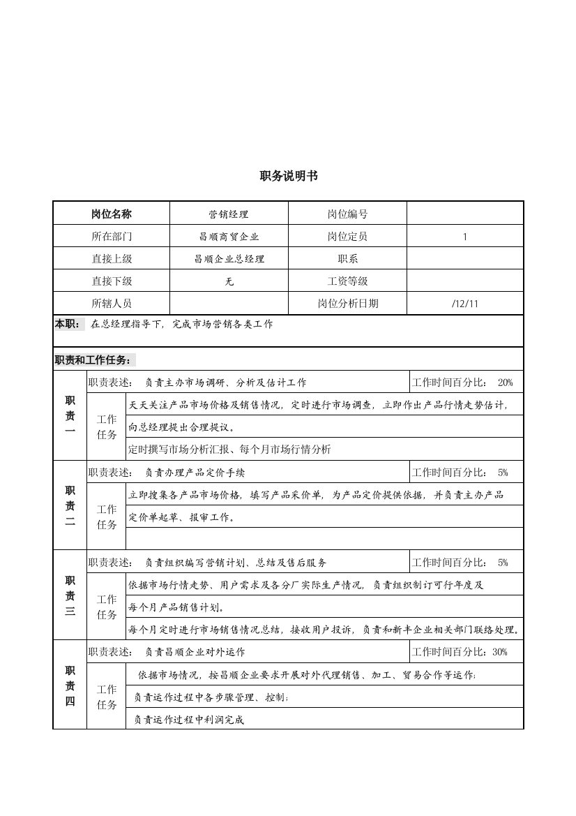 营销经理职务说明书样本