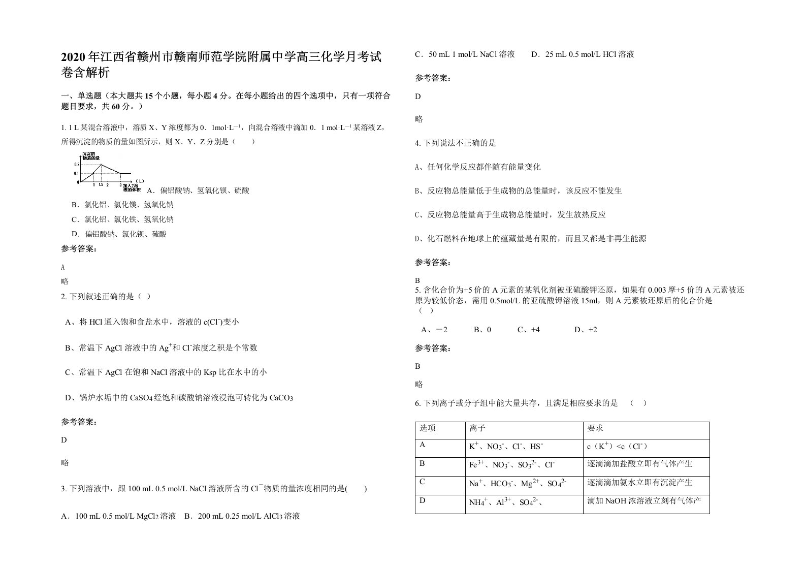 2020年江西省赣州市赣南师范学院附属中学高三化学月考试卷含解析