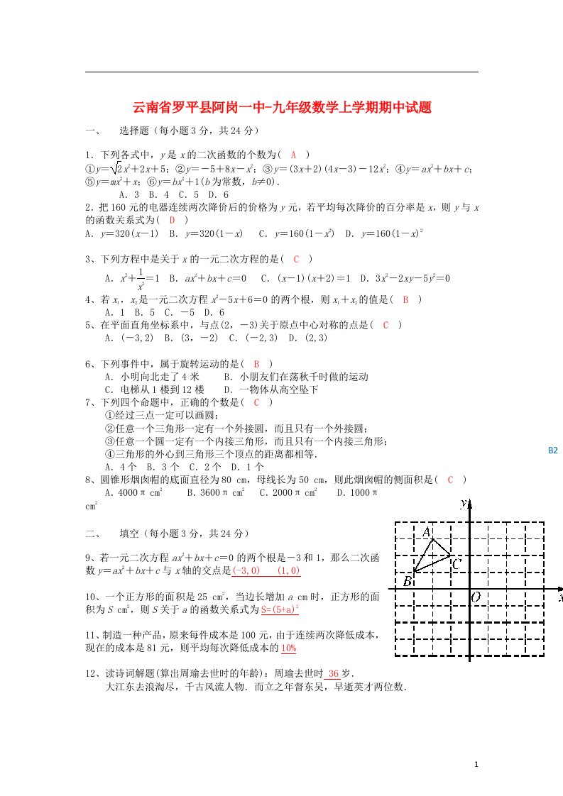 云南省罗平县阿岗一中九级数学上学期期中试题