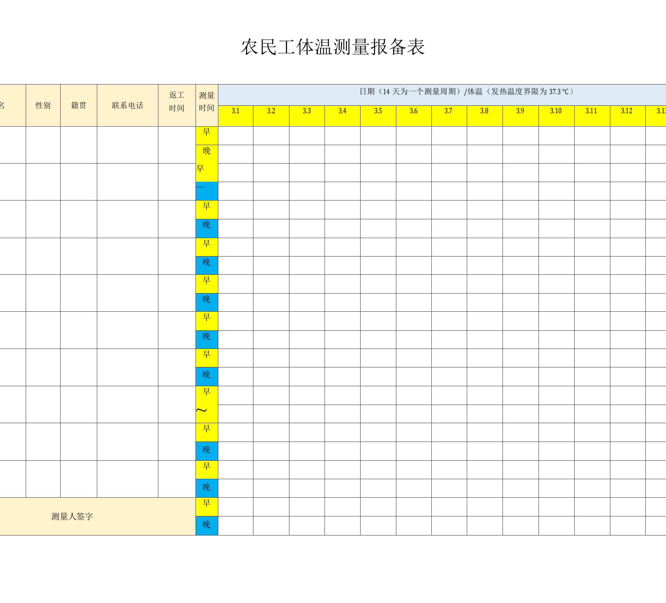 农民工体温测量表(疫情期间)