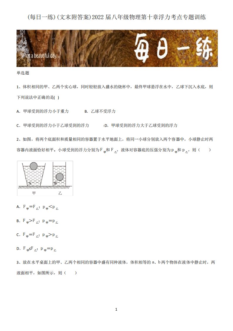 (文末附答案)2022届八年级物理第十章浮力考点专题训练