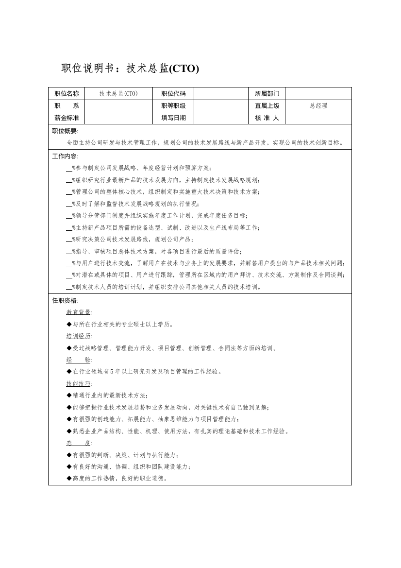 岗位说明书：技术总监(CTO)