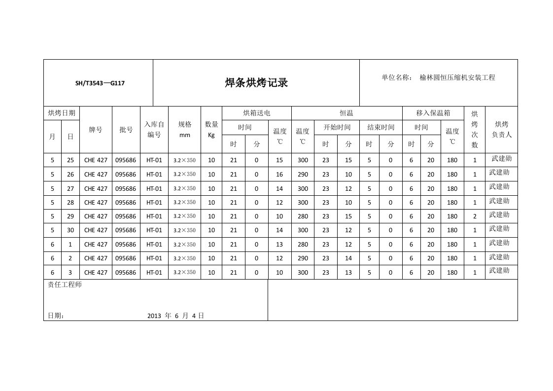 焊条烘烤记录