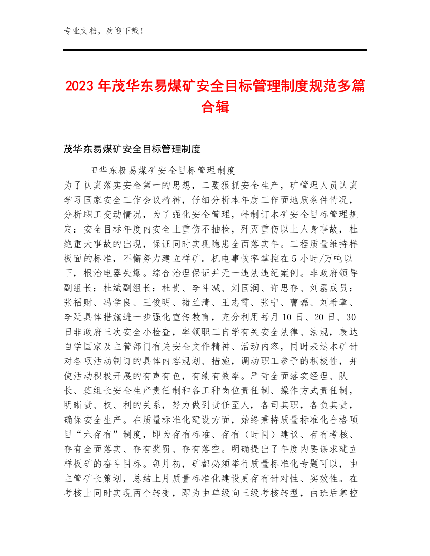 2023年茂华东易煤矿安全目标管理制度规范多篇合辑