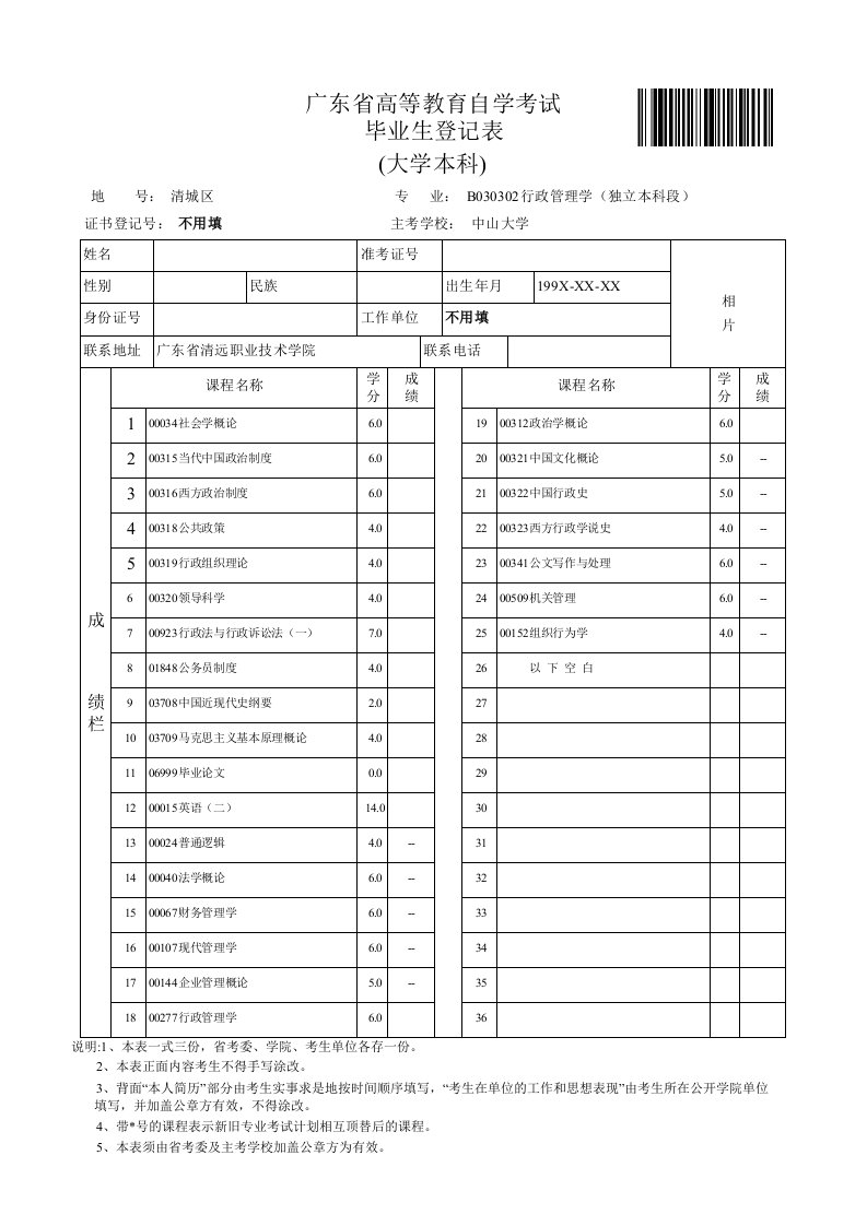 广东省高等教育自学考试毕业生登记表