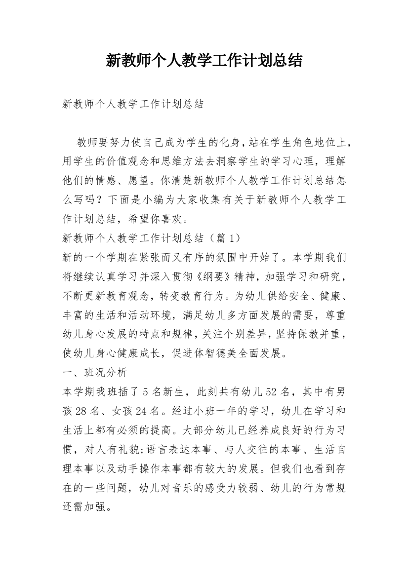 新教师个人教学工作计划总结