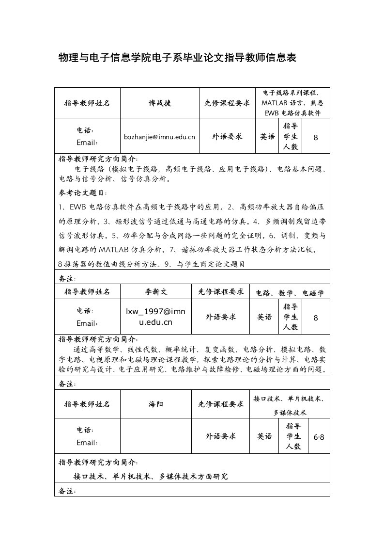 工作总结计划物理与电子信息学院电子系毕业论文指导教师信息表