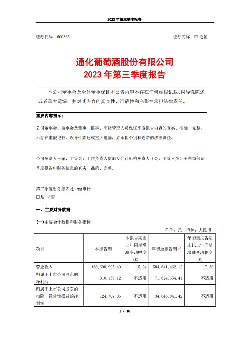 上交所-通化葡萄酒股份有限公司2023年三季度报告-20231027