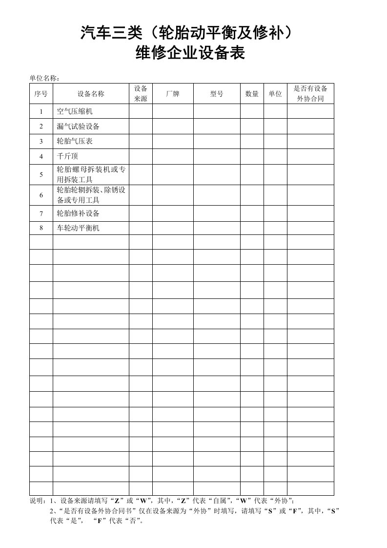 汽车三类(轮胎动平衡及修补)维修企业设备表