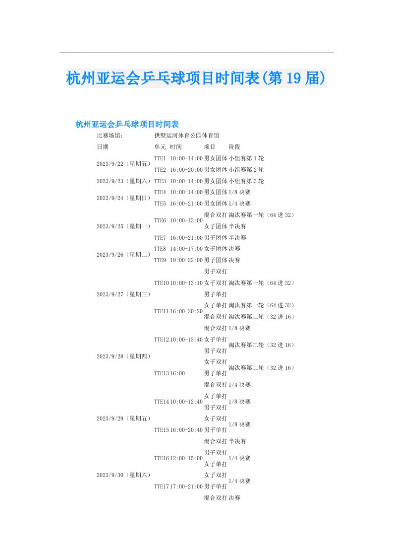 杭州亚运会乒乓球项目时间表(第19届)