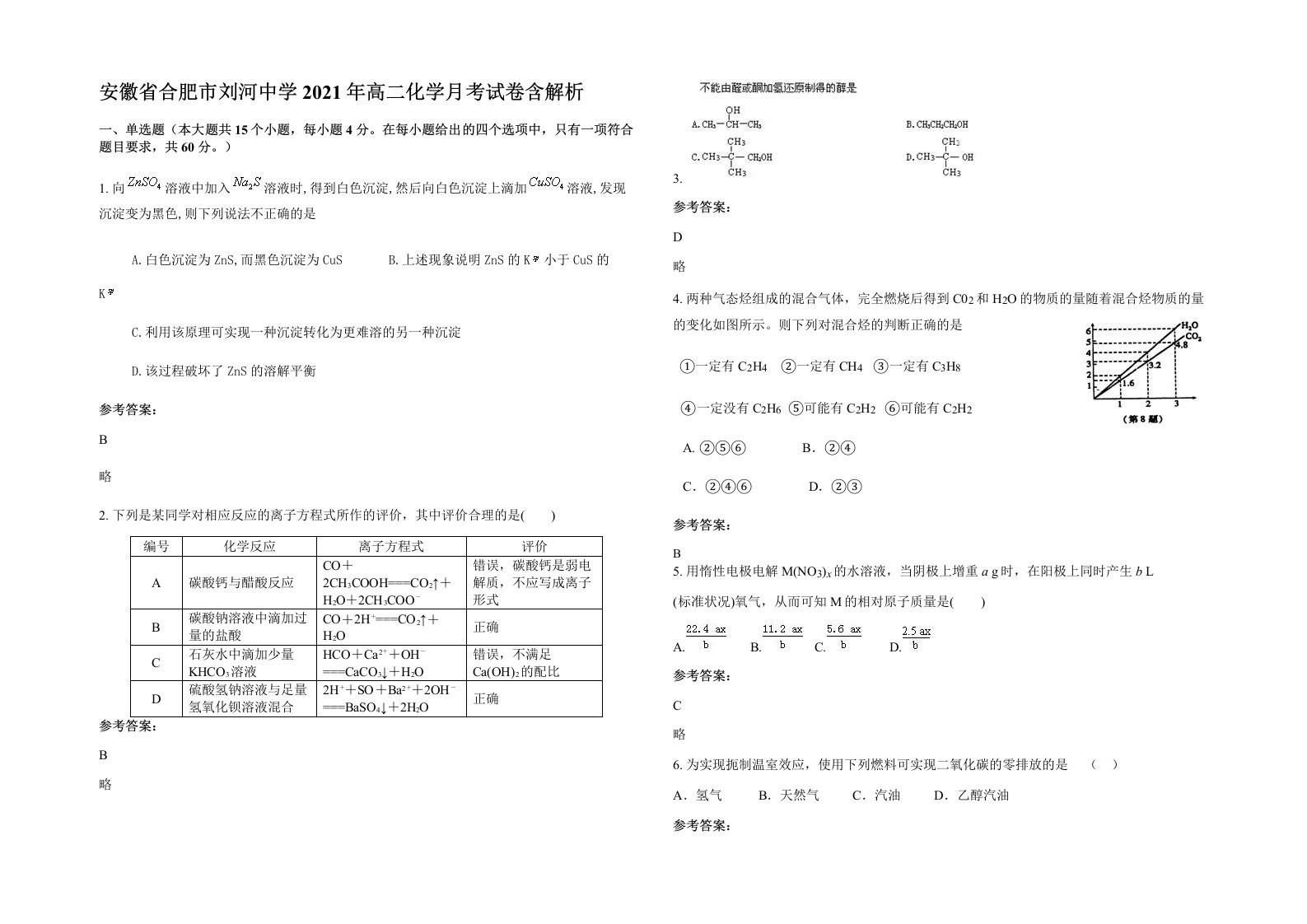 安徽省合肥市刘河中学2021年高二化学月考试卷含解析