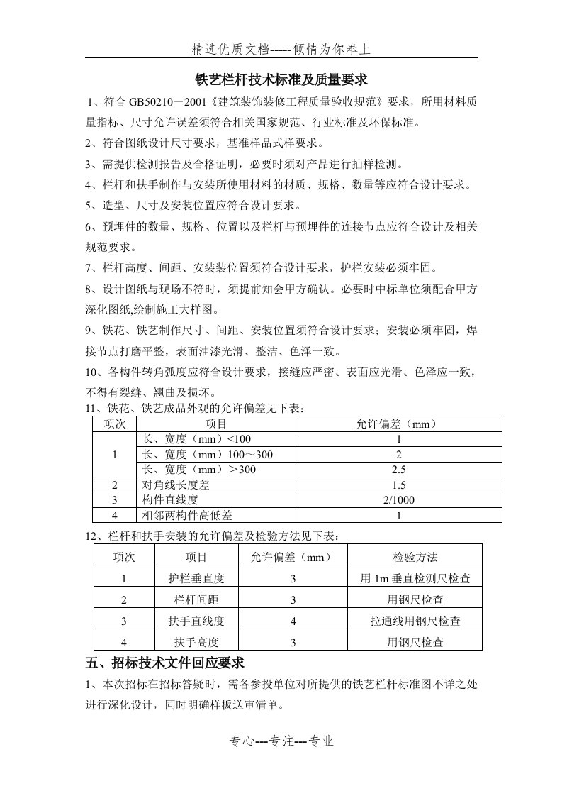 铁艺栏杆技术标准及质量要求(共2页)