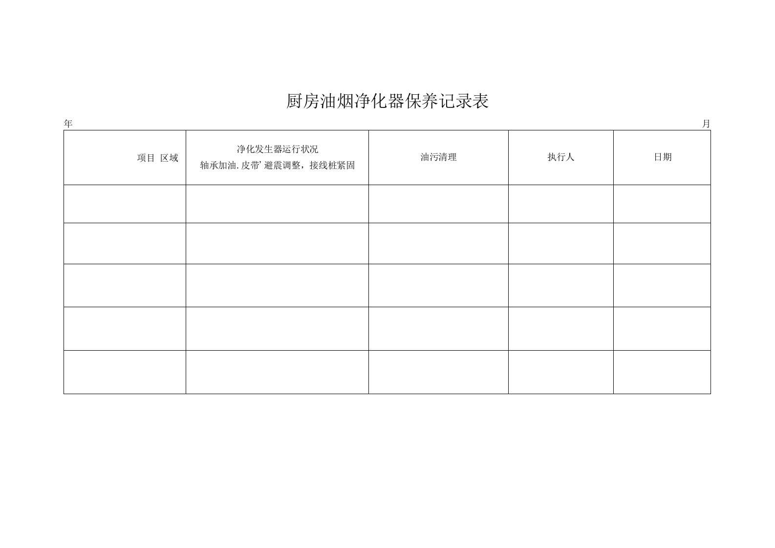 厨房油烟净化器保养记录表（标准版本）