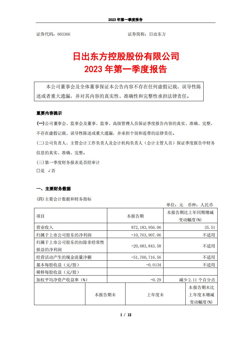 上交所-日出东方控股股份有限公司2023年第一季度报告