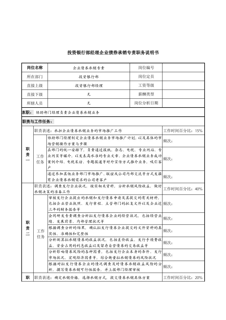 金融保险-信托投资公司投资银行部经理企业债券承销专责职务说明书