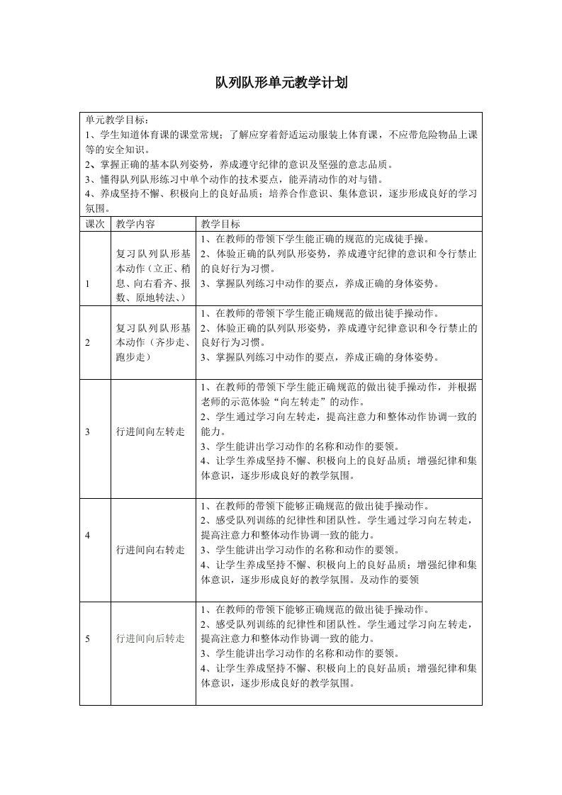 队列队形单元教学计划