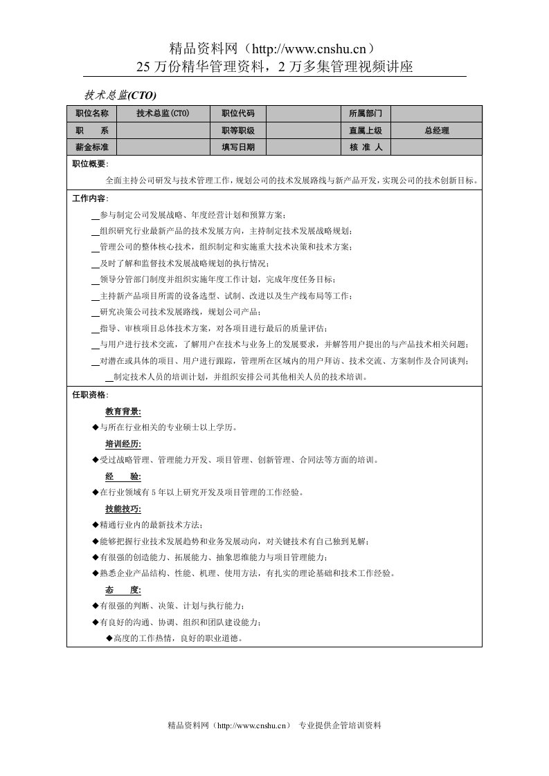 岗位职责-技术总监