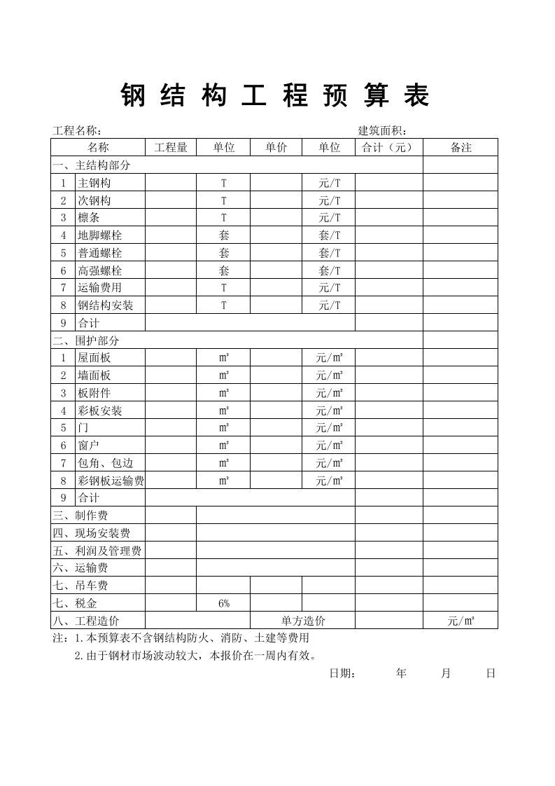 钢结构工程预算表格