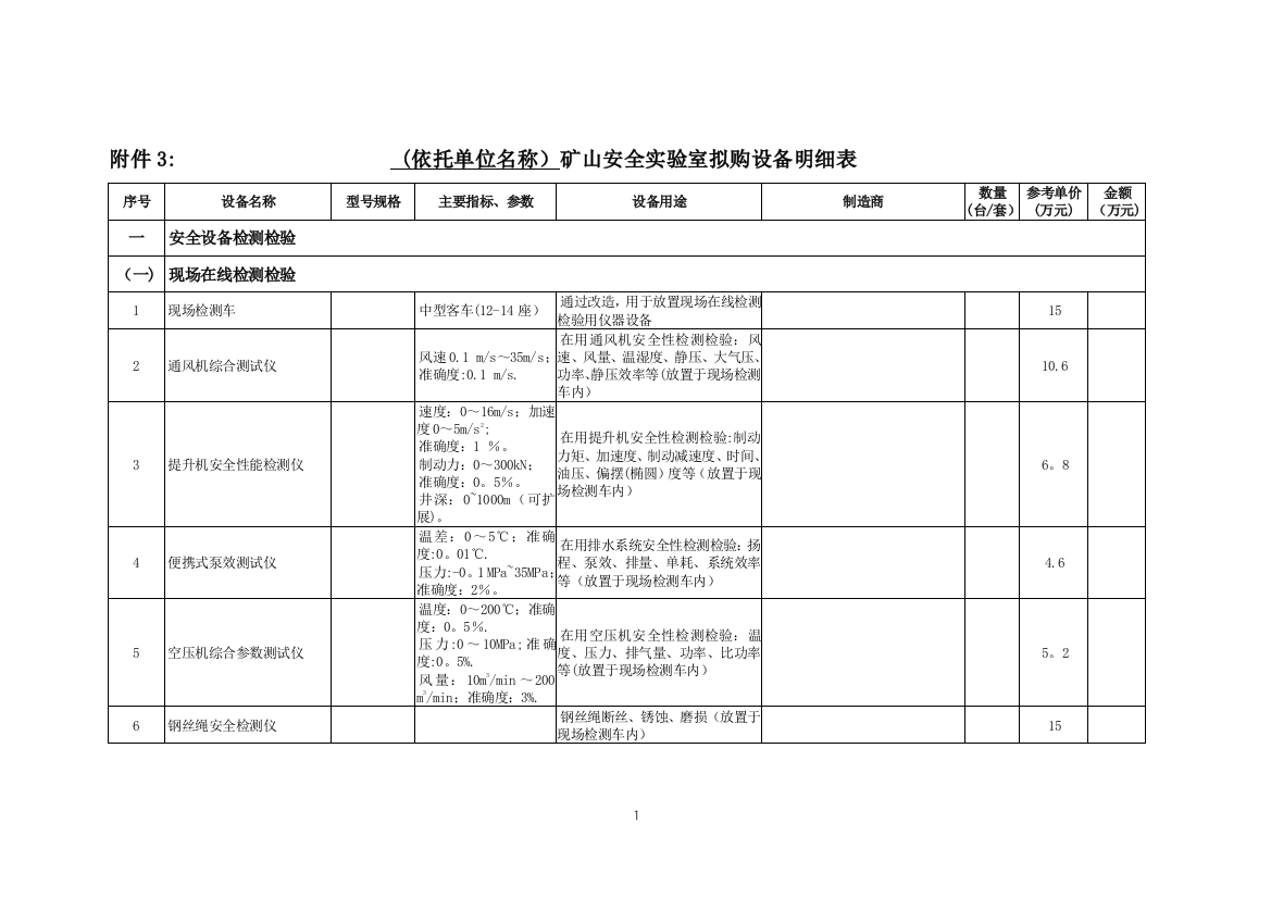 矿山安全实验室设备清单