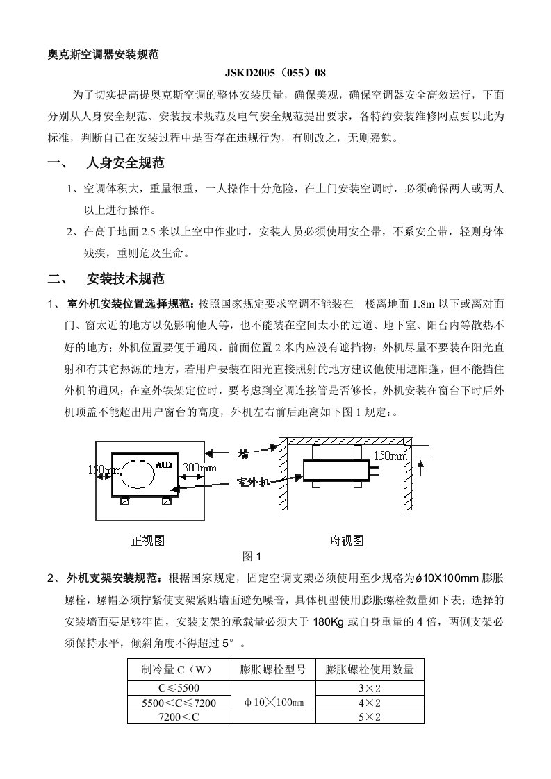 奥克斯空调器安装规范