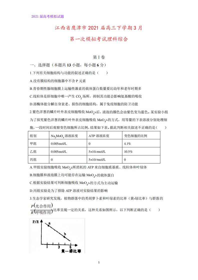 2021届江西省鹰潭市高三下学期3月第一次模拟考试理科综合生物试题