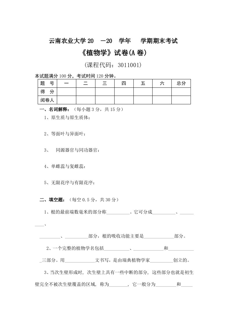 植物学模拟试卷及答案