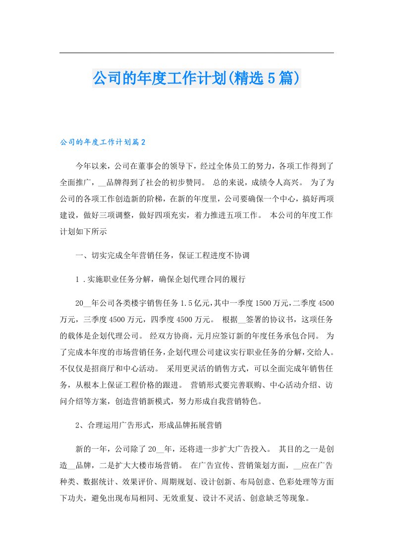 公司的年度工作计划(精选5篇)